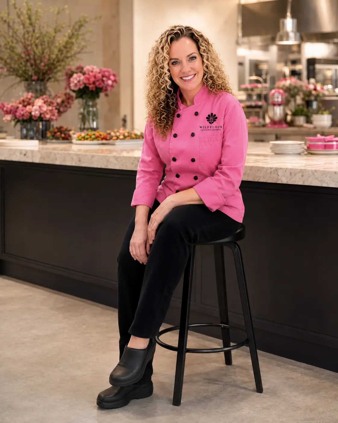 Mary Higby in her signature pink Wildflour chef coat