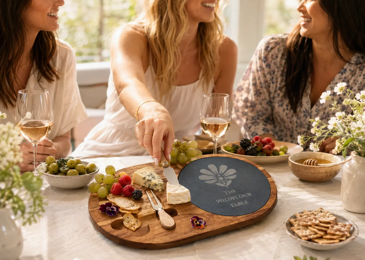 Friends gathering around The Wildflour Table charcuterie board