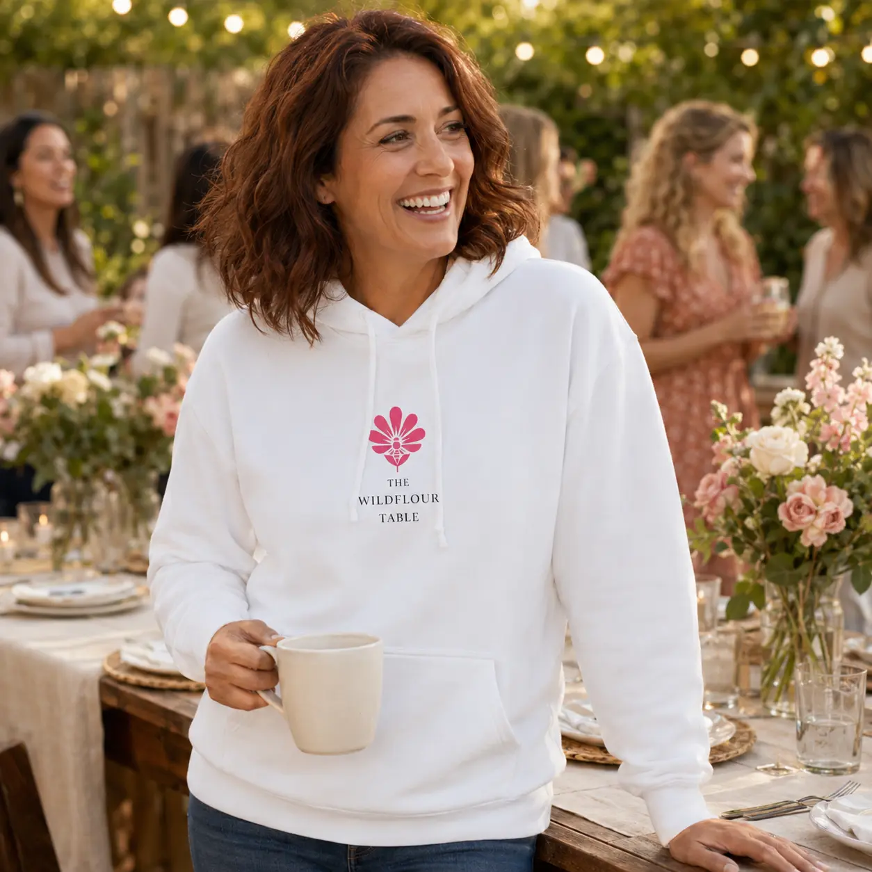 Woman enjoying a garden gathering in a white The Wildflour Table hooded sweatshirt
