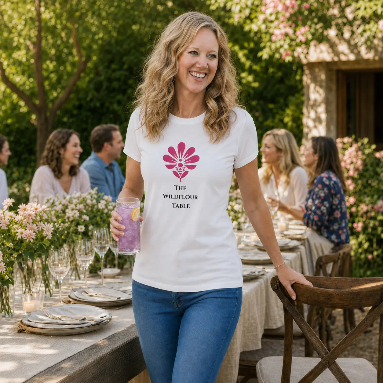 Mary’s friend enjoying a garden gathering in a white The Wildflour Table T-shirt