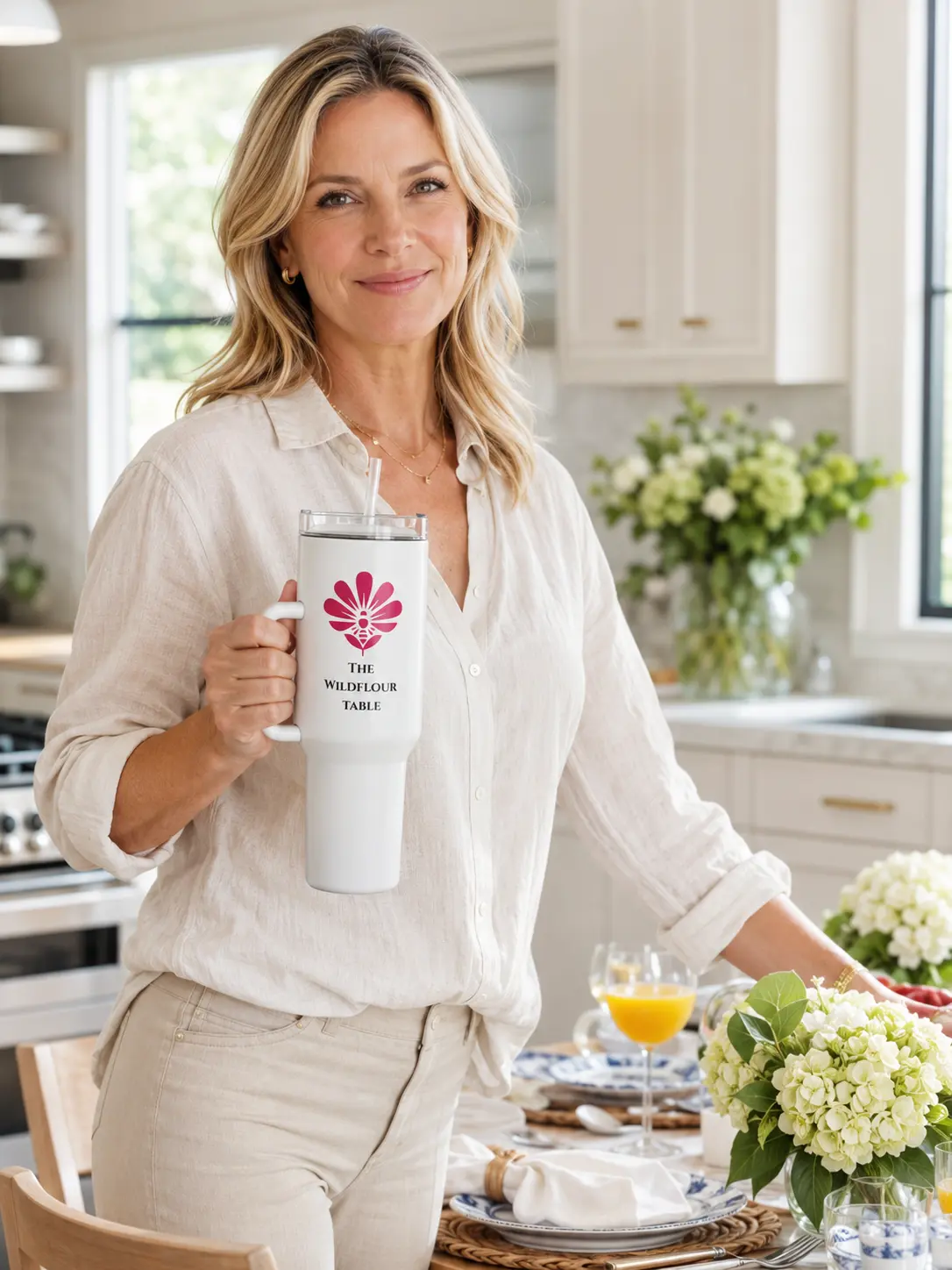 Woman holding a white The Wildflour Table tumbler