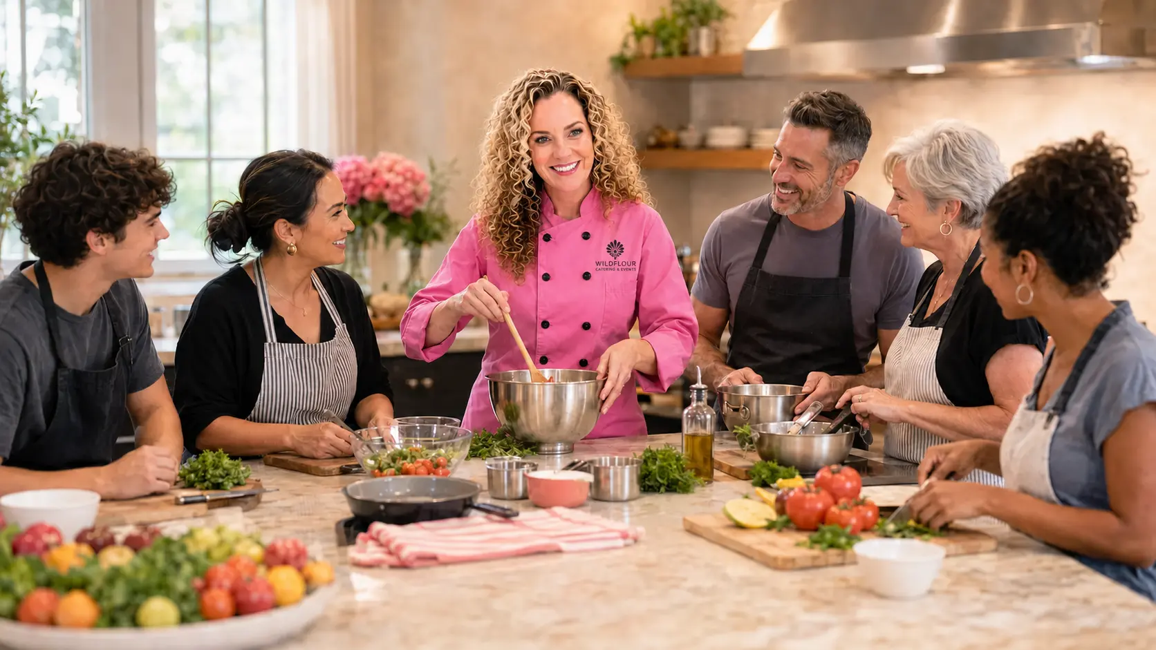 Mary Higby teaching an interactive cooking class in her branded pink Wildflour chef coat